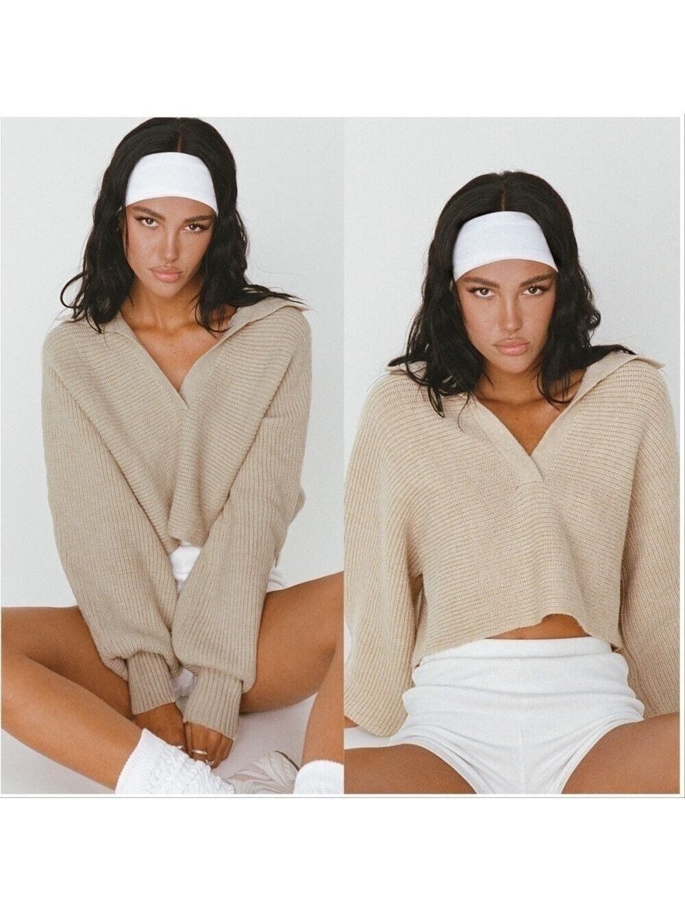 Princess Polly Sweater Women S/M Tiara Cropped Sweater Beige Tan Crochet
